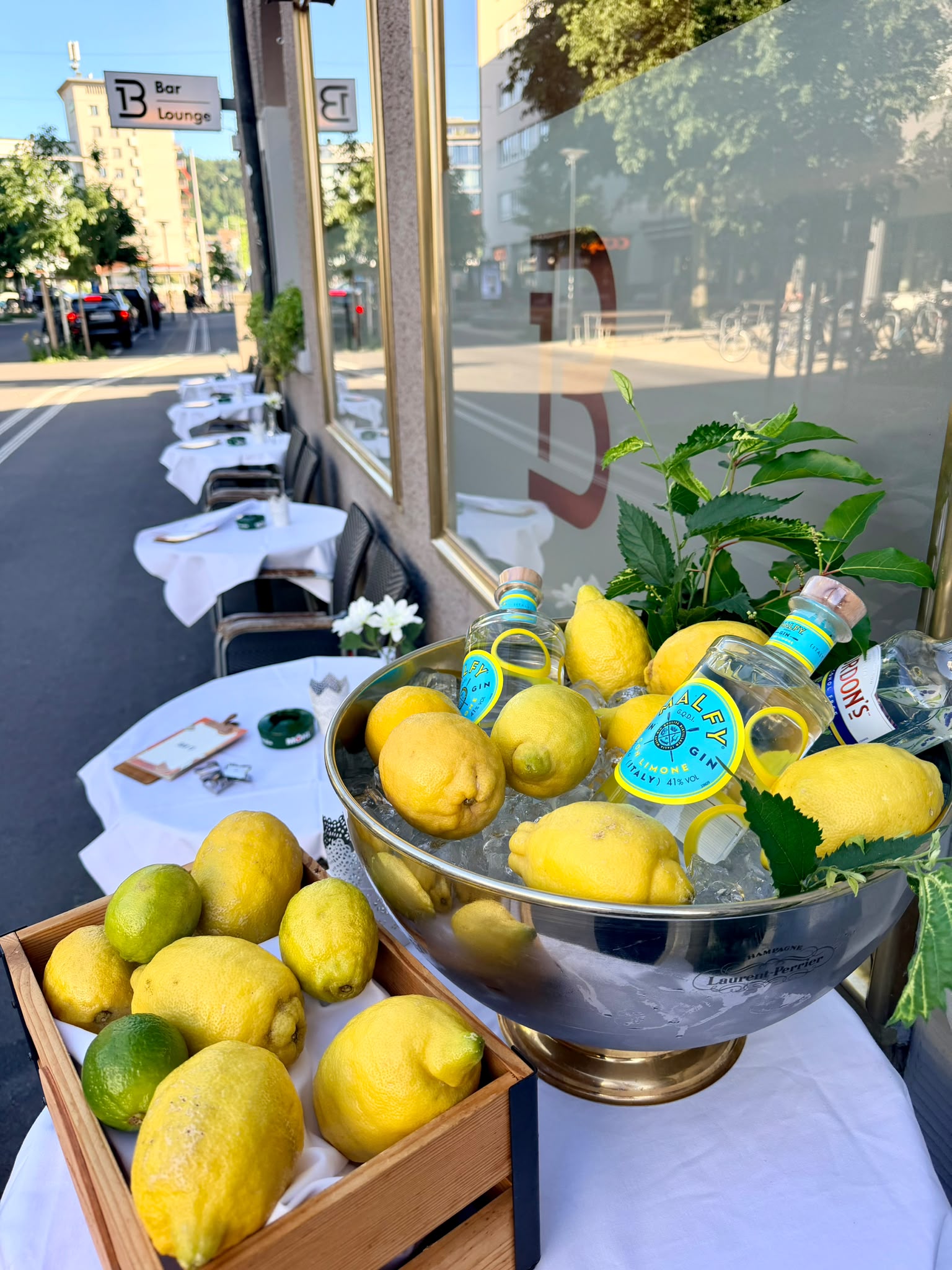 Gin und frische Zitronen in einer Eisschale auf der Terrasse